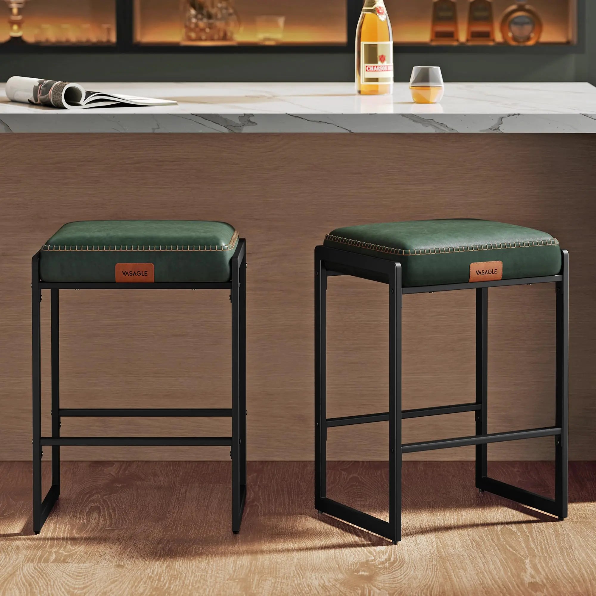 VASAGLE EKHO Collection - Bar Stools Set of 2 Counter Height Bar Stools Synthetic Leather with Stitching Mid-Century Modern Counter Stools 26-Inch Tall Kichen Home Bar Dining Room Forest Green