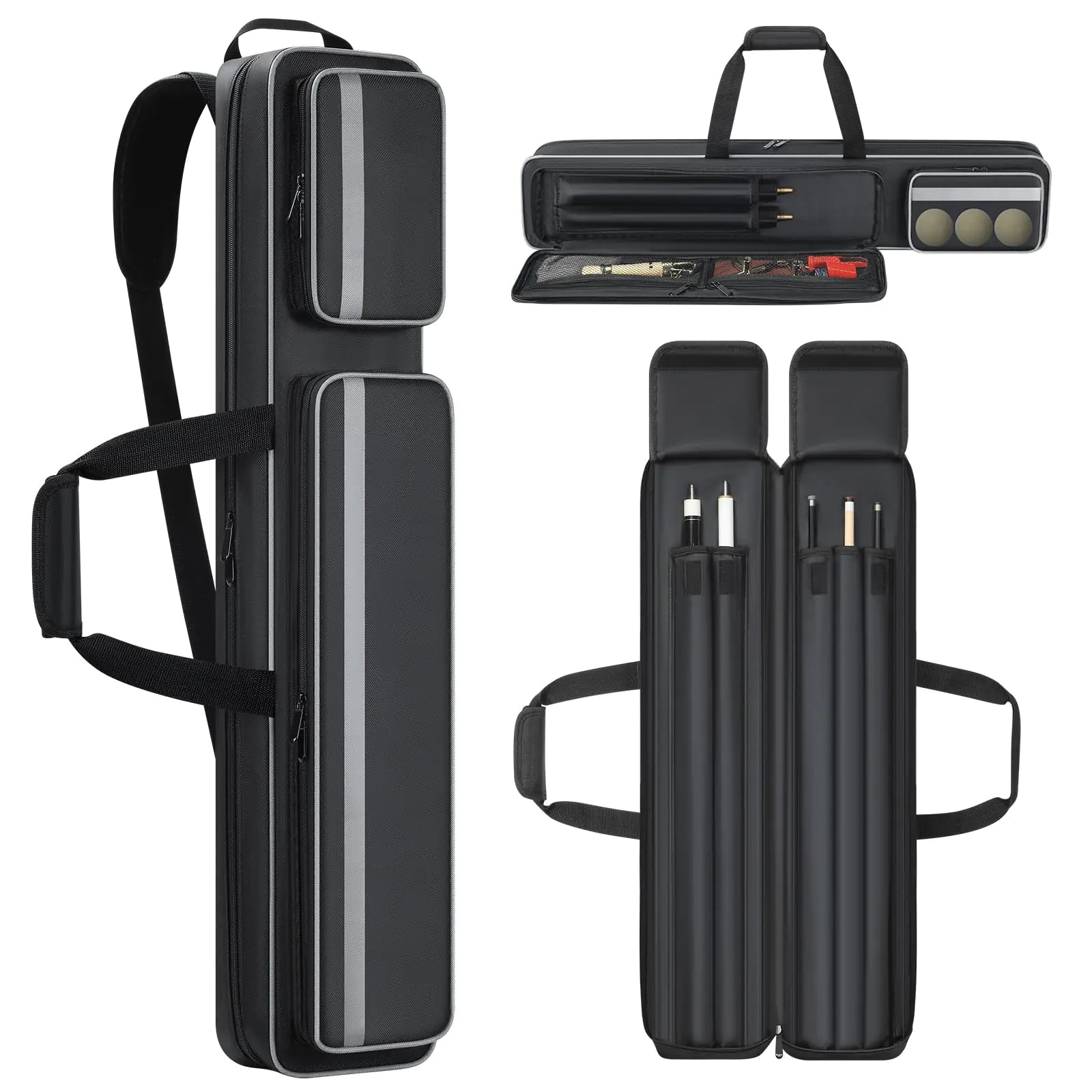 Aleemin Pool Cue Case 2x2 Pool Stick Bag Pool Cue Soft Case with Multi-pocket for 2 Butts and 2 Shafts Pool Stick Case with Shoulder Straps & Handle for Pool Cue & Accessories (2 X 2)