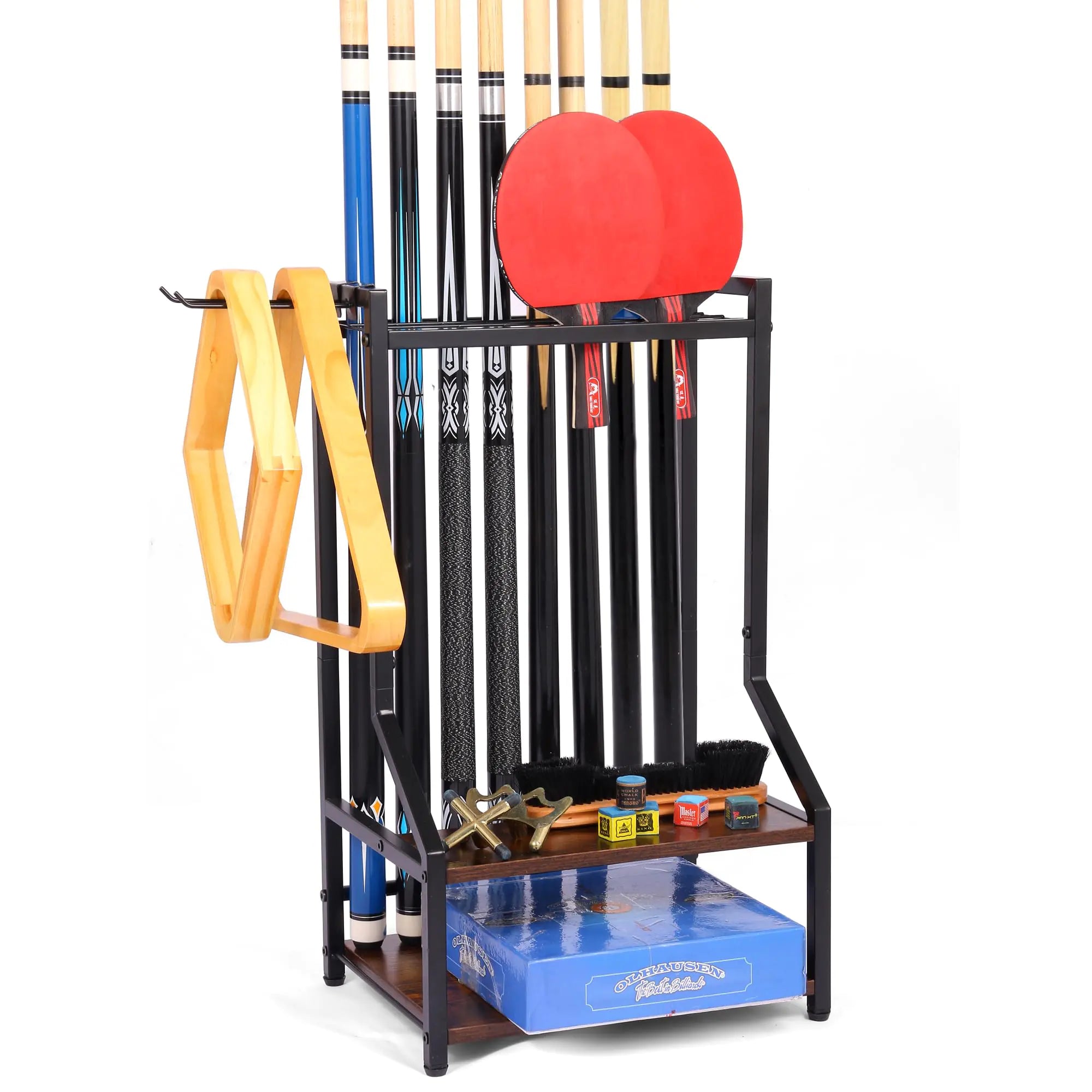 EnigmaSoul Floor Pool Cue Rack Holds 24 Cue Sticks & Pool Table Accessories Pool Stick Holder with Ping Pong Storage Wooden Floor Stand Pool Cue Holder for Game Room Billiard Club or Man Cave