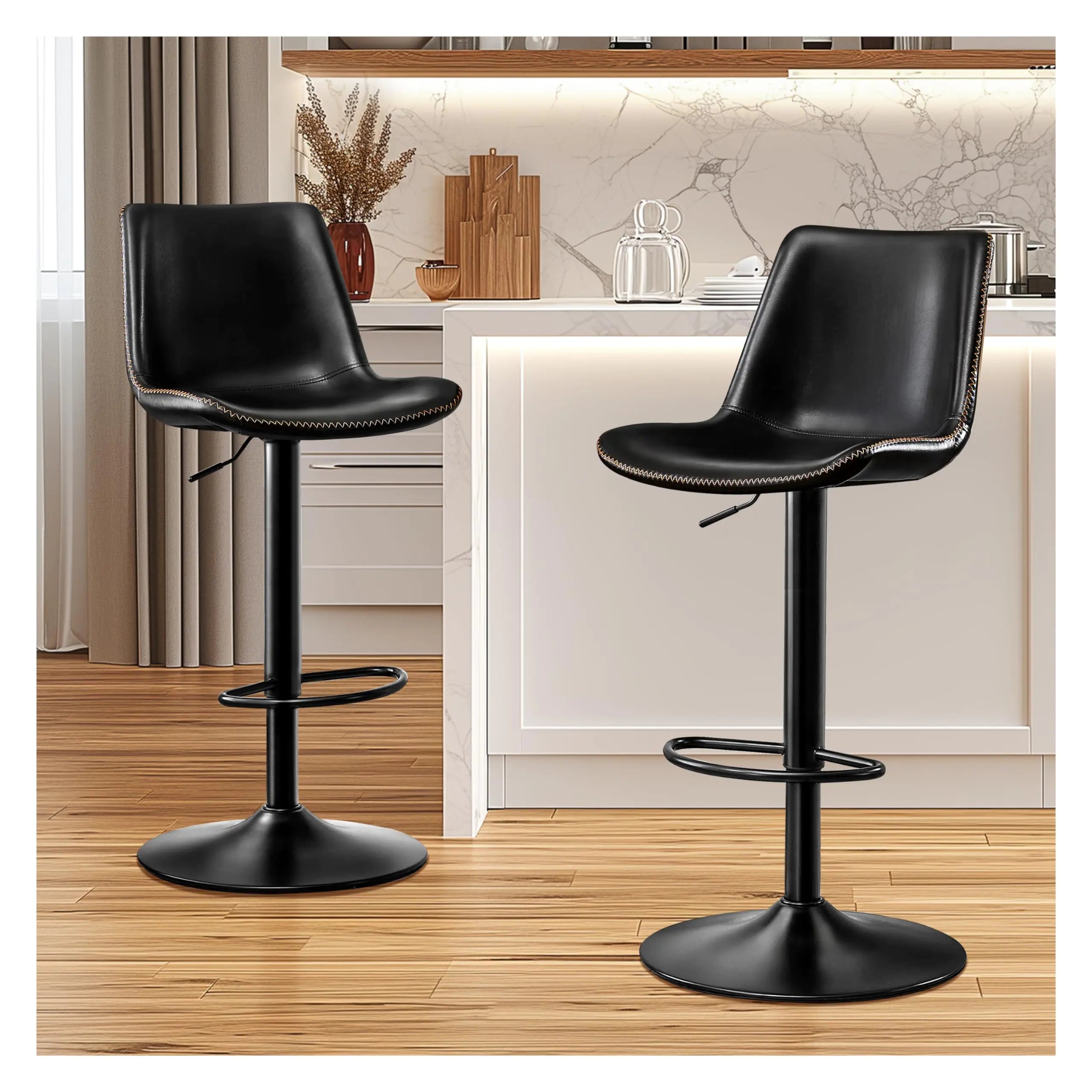STOOLINK Modern Bar Stool Height Adjustable Microfiber Leather Bar Chair X-Large Base and Seat Bar Chairs Ergonomic Heavy Duty Counter Height Chair for Kitchen Dining Pub Cafe Set of 2 Black