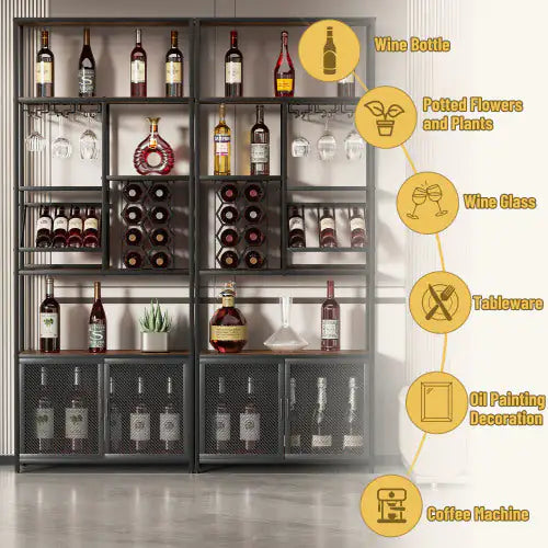 Industrial Vertical Bar Rack With Glass Shelf, Tall Freestanding Floor Bar Cabinet
