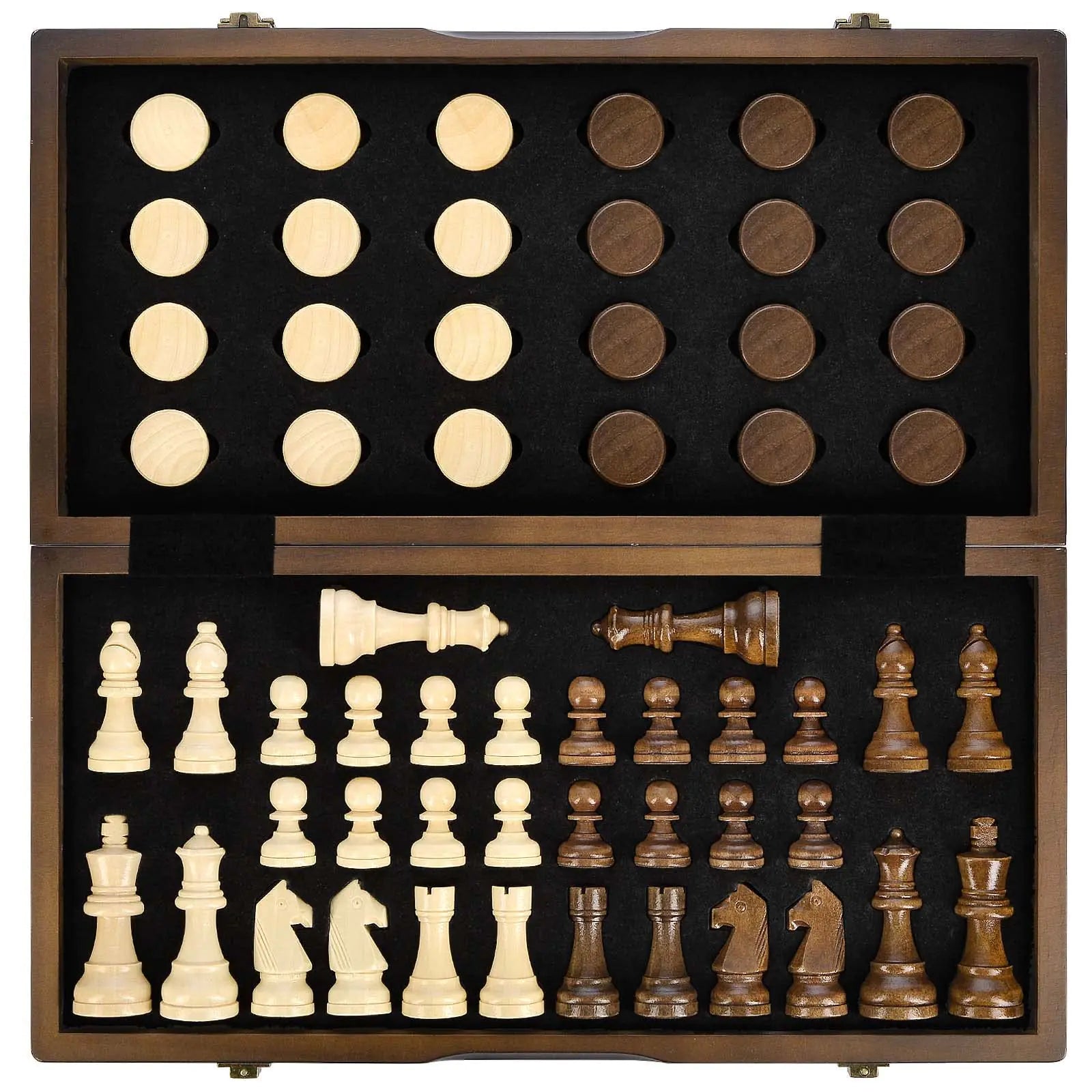 AMEROUS Magnetic Wooden Chess and Checkers Game Set 15 Inches (2 in 1) Chess Board Games 2 Extra Queens - Gift Package - Game Pieces Storage Slots Beginner Chess Set for Kids Adults