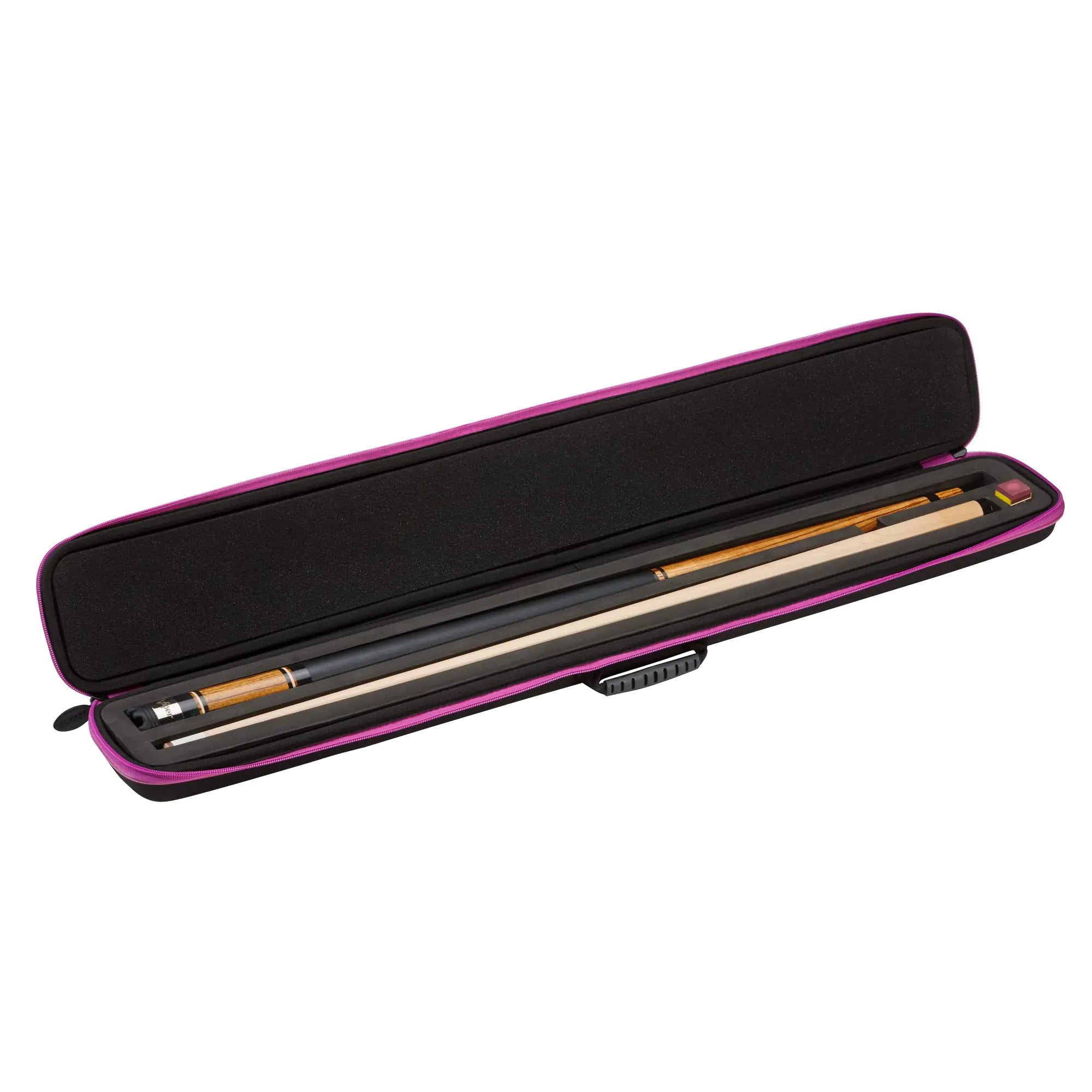 Casemaster Parallax Billiard/Pool Cue Case 600D Oxford Heavyweight Polyester Fabric and Padded Interior Holds 1 Complete 2-Piece Cue (1 Butt/1 Shaft) Black with Purple Trim