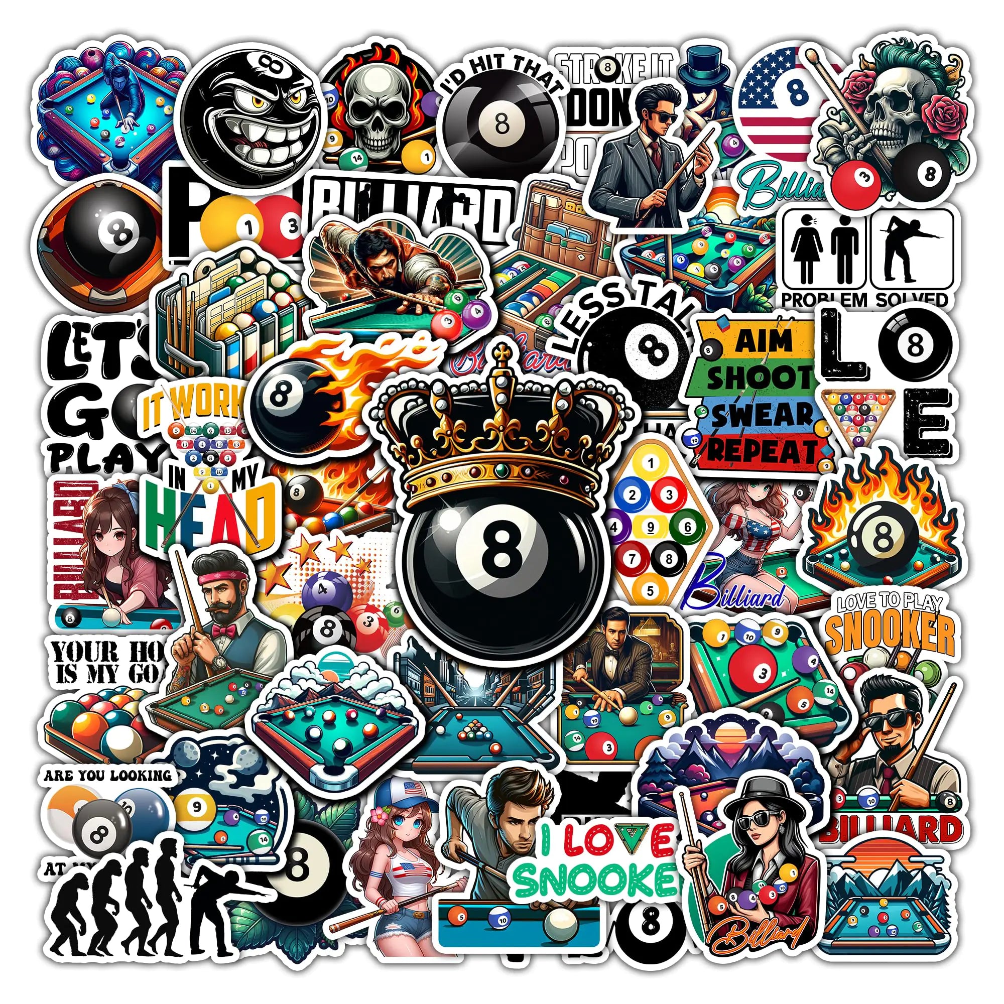 BIGZORO Pack 50 PCS Billiard Balls Stickers Print Waterproof Vinyl Decals Sport Game Items for Men Teens Him Decorative Water Bottles Scrapbook Laptop Phone Case Hydro Flask Luggage