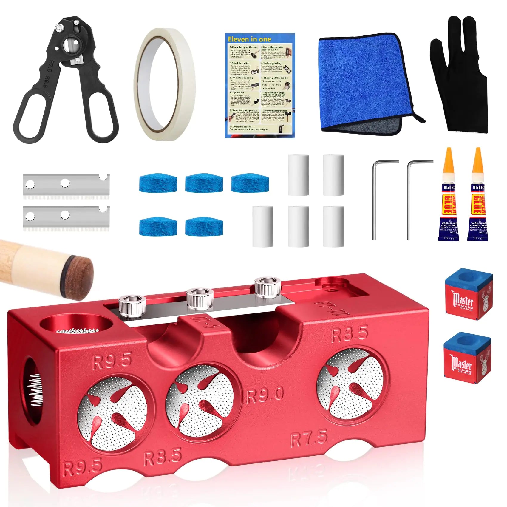 Northlet 11-in-1 Aluminum Alloy Pool Cue Tip Shaper Professional Cue Stick Tool Kit for Billiards Enthusiastsm Pool Cue Shaper Accessories for Replacement and Shaping Cue Tips (Red)