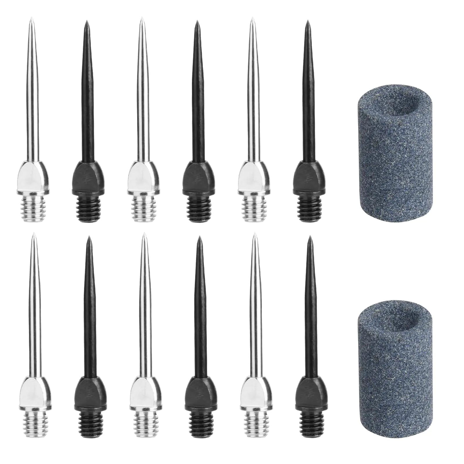 Cosmos 12 Pcs Steel Dart Tips with 2 Dart Sharpener Dart Metal Tip Converter Points 2BA Thread Dart Replacement Tips Dart Sharpening Sand Stones Darts Needle Accessories (Black/Silver)