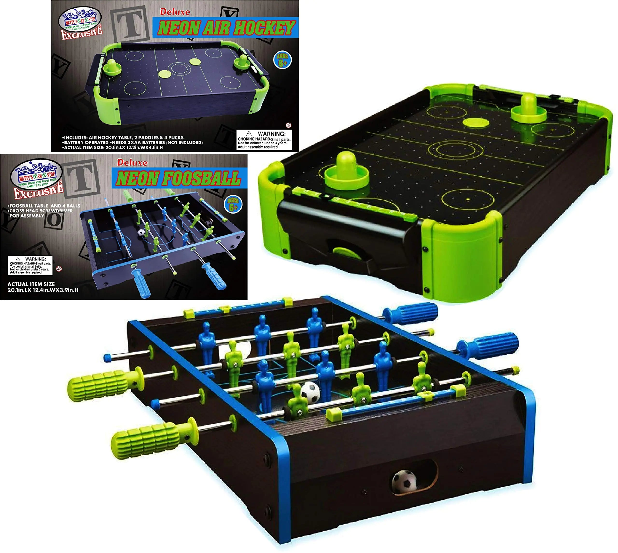 Mattys Toy Stop Deluxe 20" Wooden Tabletop NEON Air Hockey (Extra Pucks) & NEON Foosball (Soccer) (Extra Balls) Games Gift Set Bundle - 2 Pack