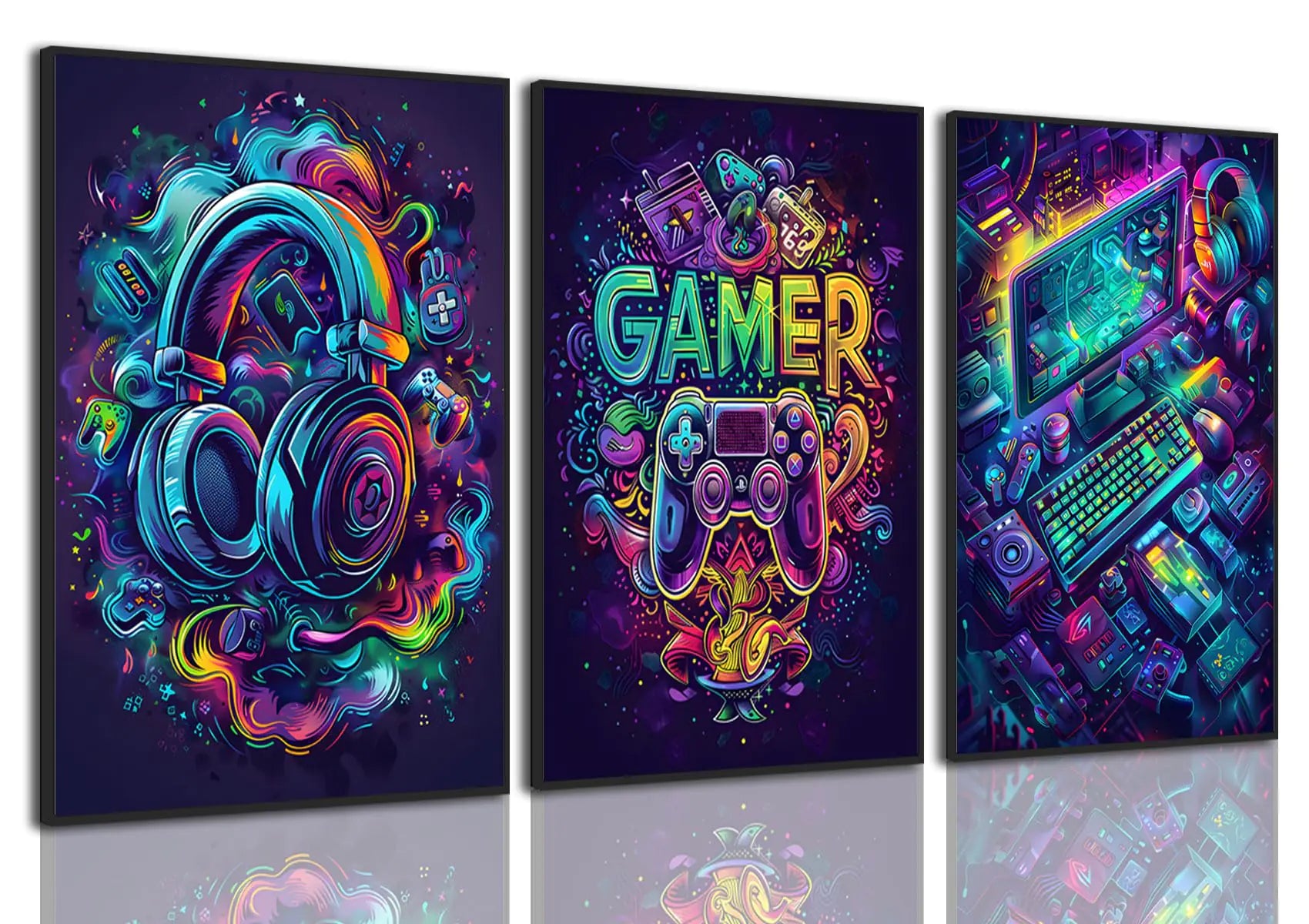Yolbcdr Gaming Posters Video Game Wall Art Set of 3 Game Room Decor Cool Gaming Sign Pictures Prints Graffiti Gamepad Headphones Canvas Painting Gamer Wall Decor for Boys Bedroom 12x16in Unframed