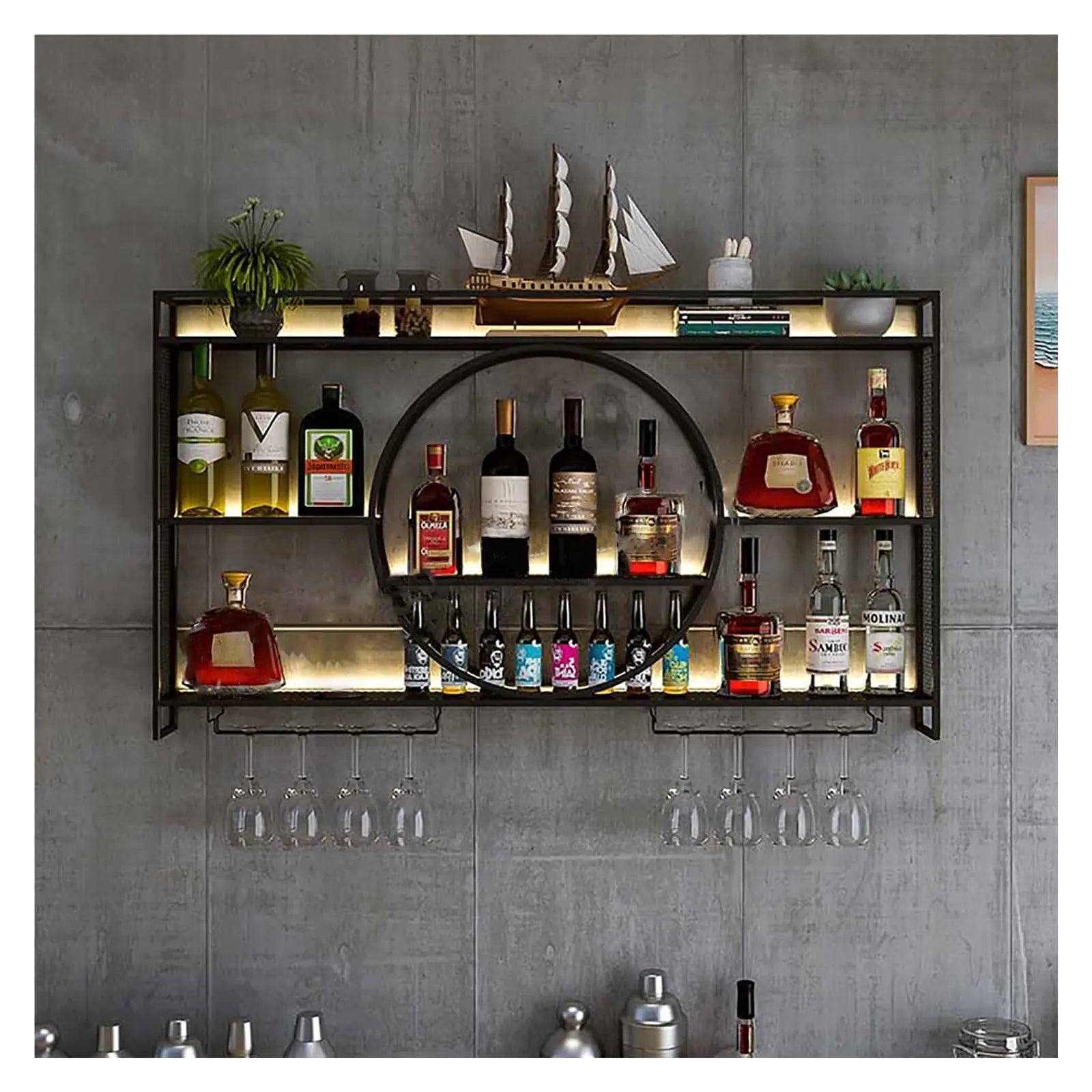 Wine Rack Wall Mounted 3 Tier Metal Floating Shelves For Kitchen With LED Light Hanging Floating Bar Liquor Bottles Bar Wall Shelves Liquor Bar Display Shelf For Home Bars Kitchen(Black100x80x15c
