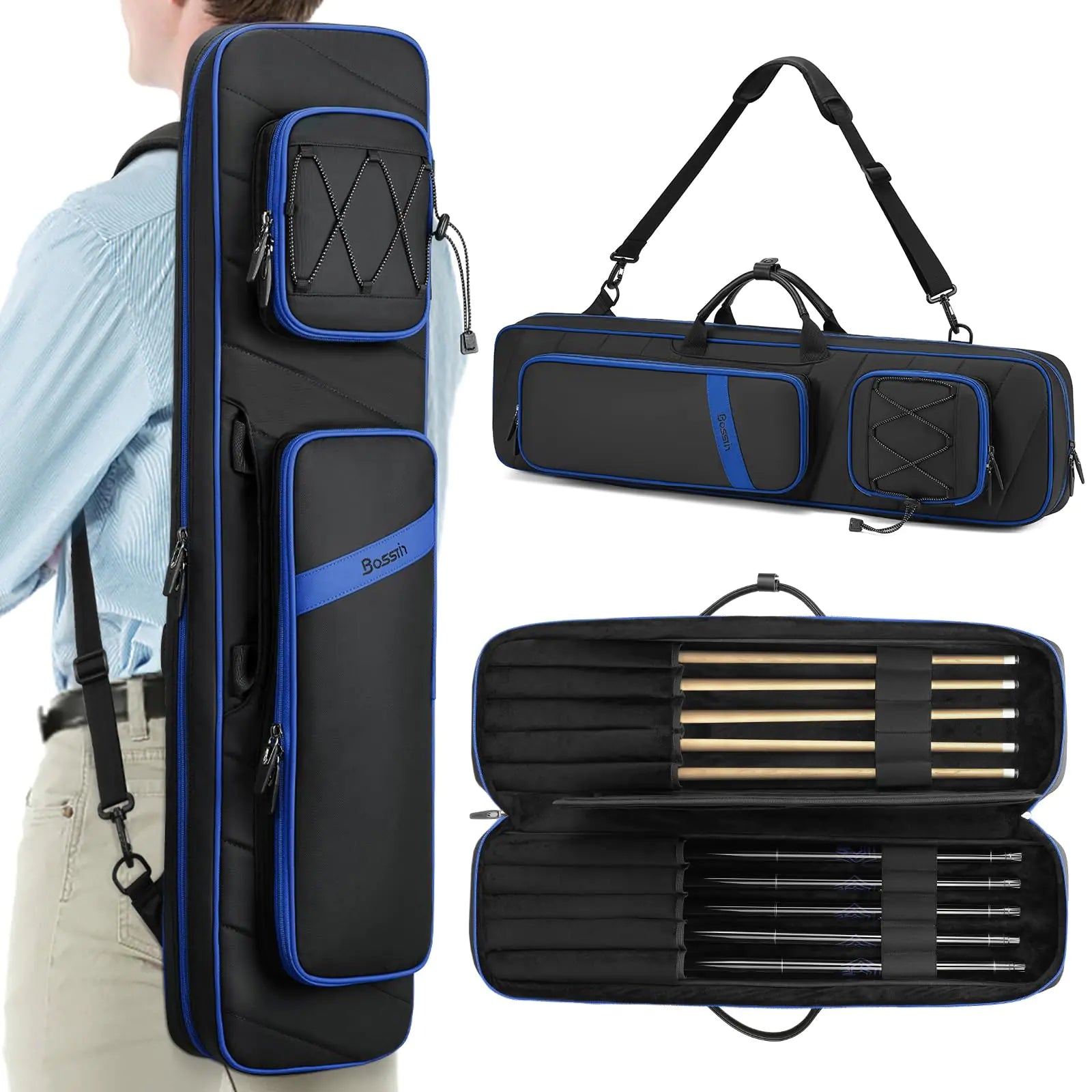 BOSSTIN Pool Cue Case 5x5 Pool Stick Billiard Cue Accessories Soft Padded Bag Case (Blue)