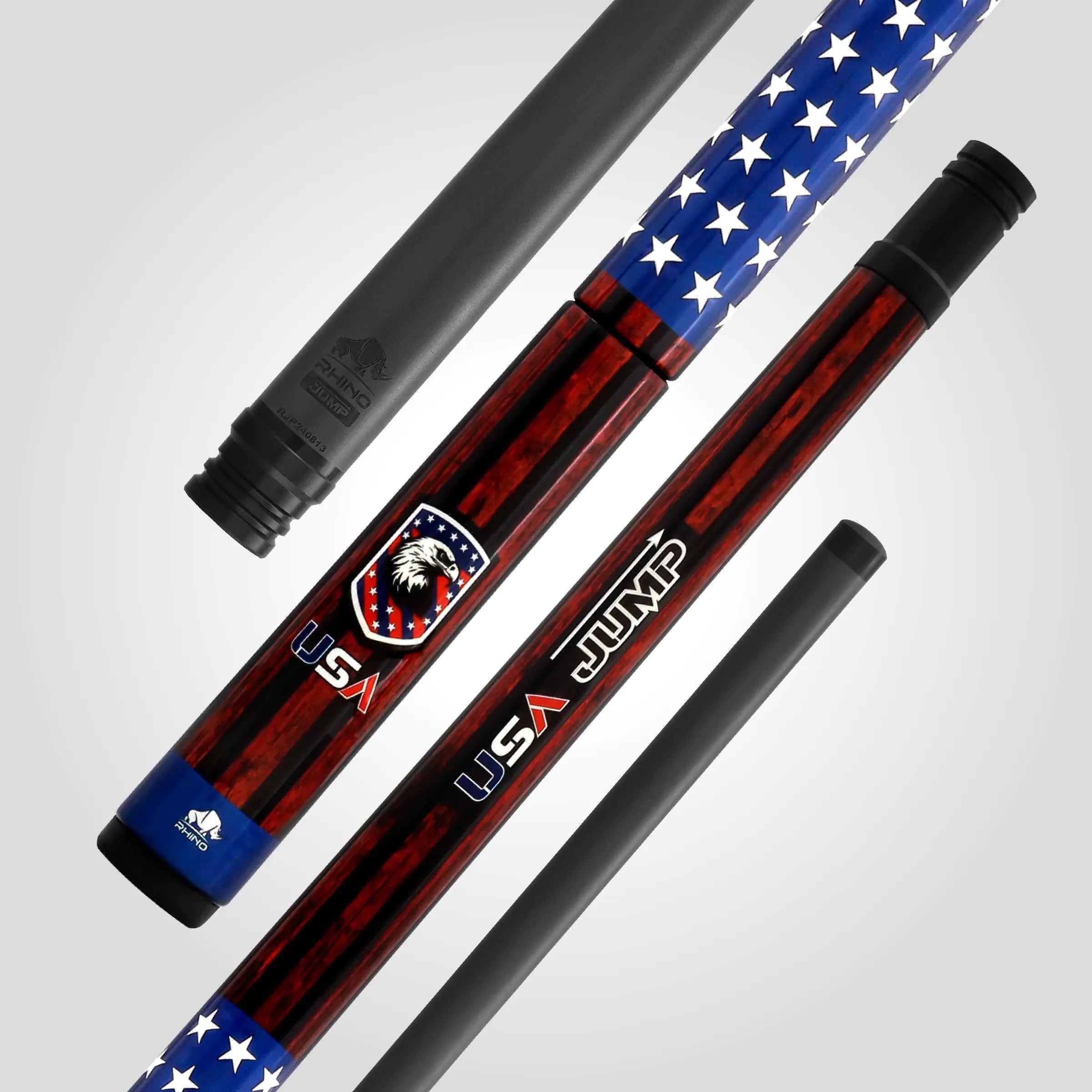 RHINO Voyager - USA Jump Cue - 3/8-8 Joint - 100% Carbon Fiber Shaft 13.9mm Tip Diameter 3 Pieces Tip & Ferrule: Finest Bakelite Material; Jump Cue Butt: Composite Material USA Flag Design