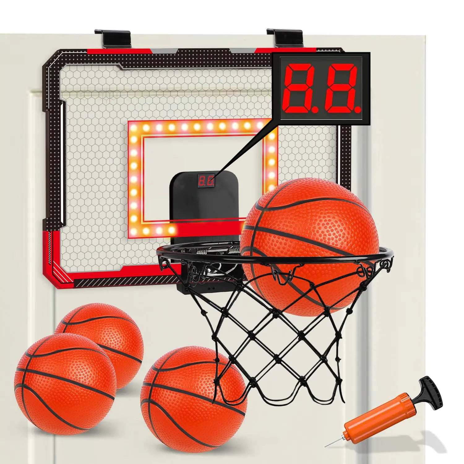 TOY Life LED Indoor Basketball Hoop for Kids Over The Door Basketball Hoop Indoor Wall Mount with LED Scoreboard 4 Balls&Inflator Basketball Game Toy for 3-9 Year Old
