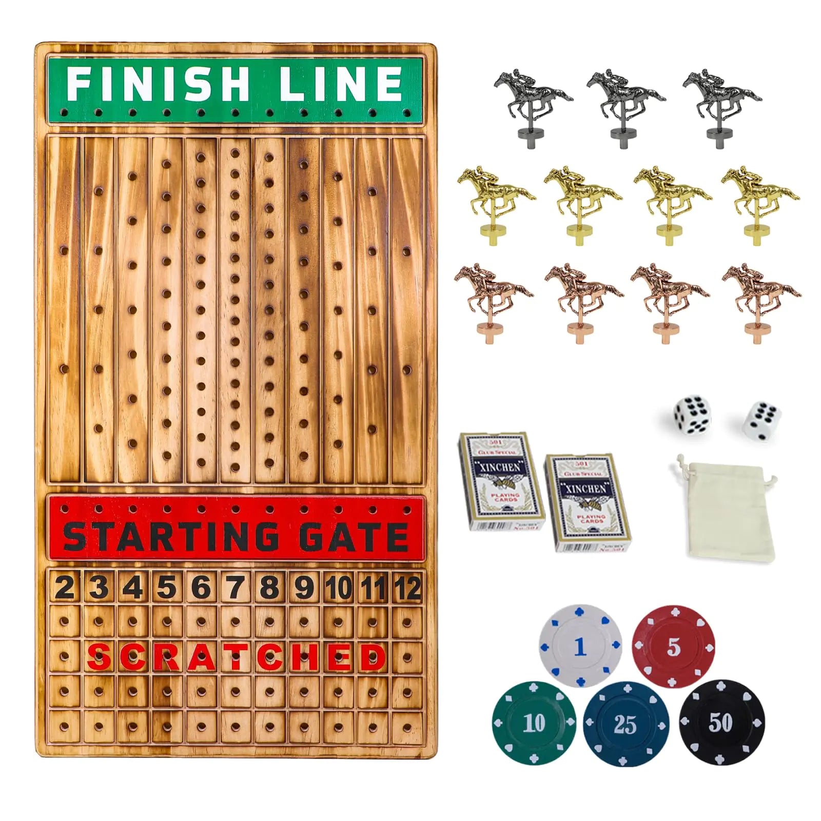 Medikaison Large 21 inches Horse Racing Board Game with 11 Luxury Metal Horses Thickened Wood Horse Race Game Board with 2 Sets of Dice2 Boxes of Cards and 100 Poker Chips for Parties and Gambling