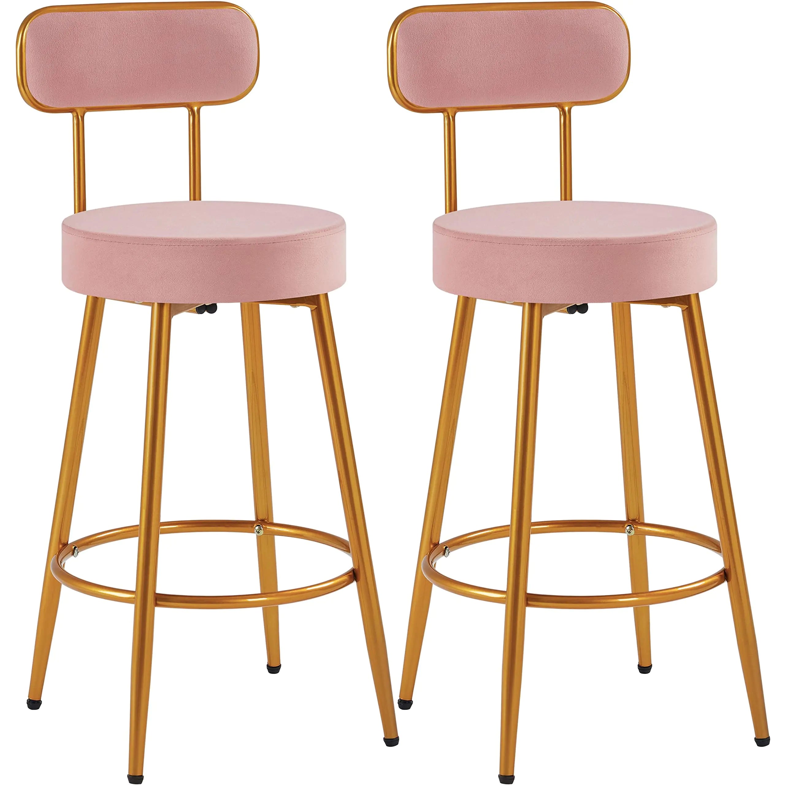 Yaheetech Velvet Bar Stools 26 Counter Height Bar Stools Velvet Stools for Kitchen Counter with Backrest and Footrest Modern Gold Barstools Upholstered Bar Height Stools Pink Set of 2