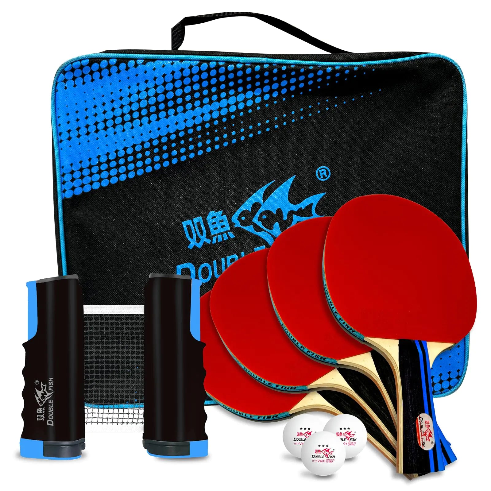 Double Fish Ping Pong Paddle Set of 4 6 Ping Pong Balls ITTF Approval Professional 3-Star WTT with Retractable Ping Pong Net Carrying Storage Case Table Tennis Sets for Training Game Family Fun