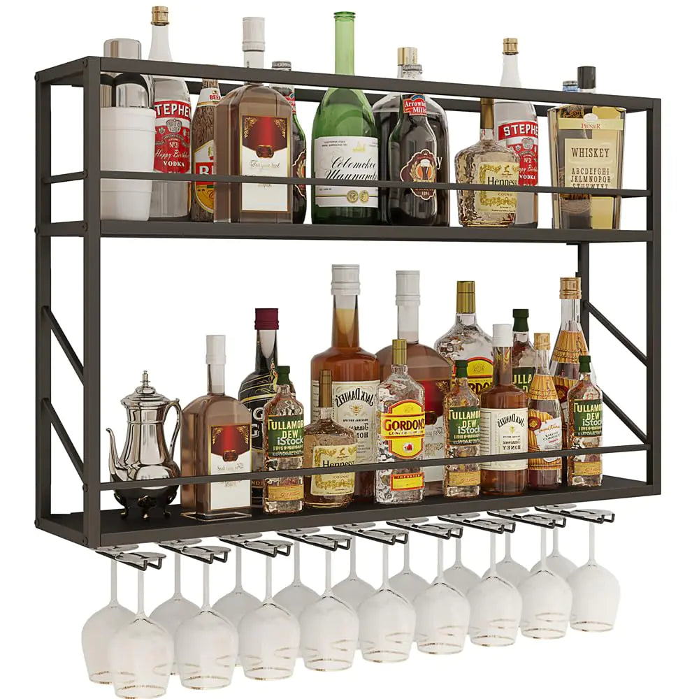 Woskar Wall Mounted Wine Rack 2 Tier Metal Bar Liquor Shelves and Glass HolderWall Bar Shelf Wine Display Storage Holder for Home Bar Dining Room Kitchen(31.4×7.8×26in)