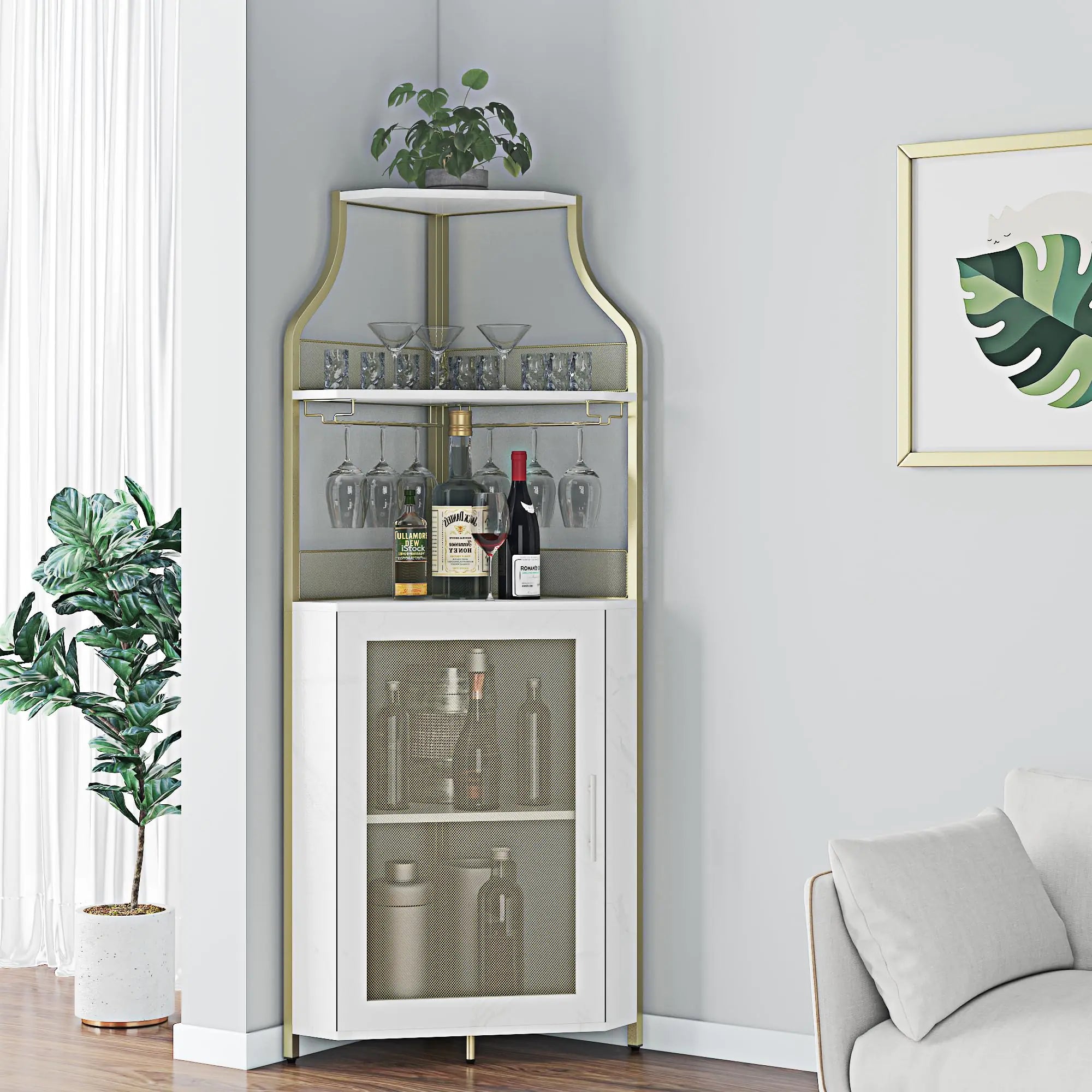 Amyove Corner Wine Bar Rack Cabinet with Detachable Wine Rack Bar Cabinet with Glass Holder Small Sideboard and Buffet Cabinet with Mesh DoorGold