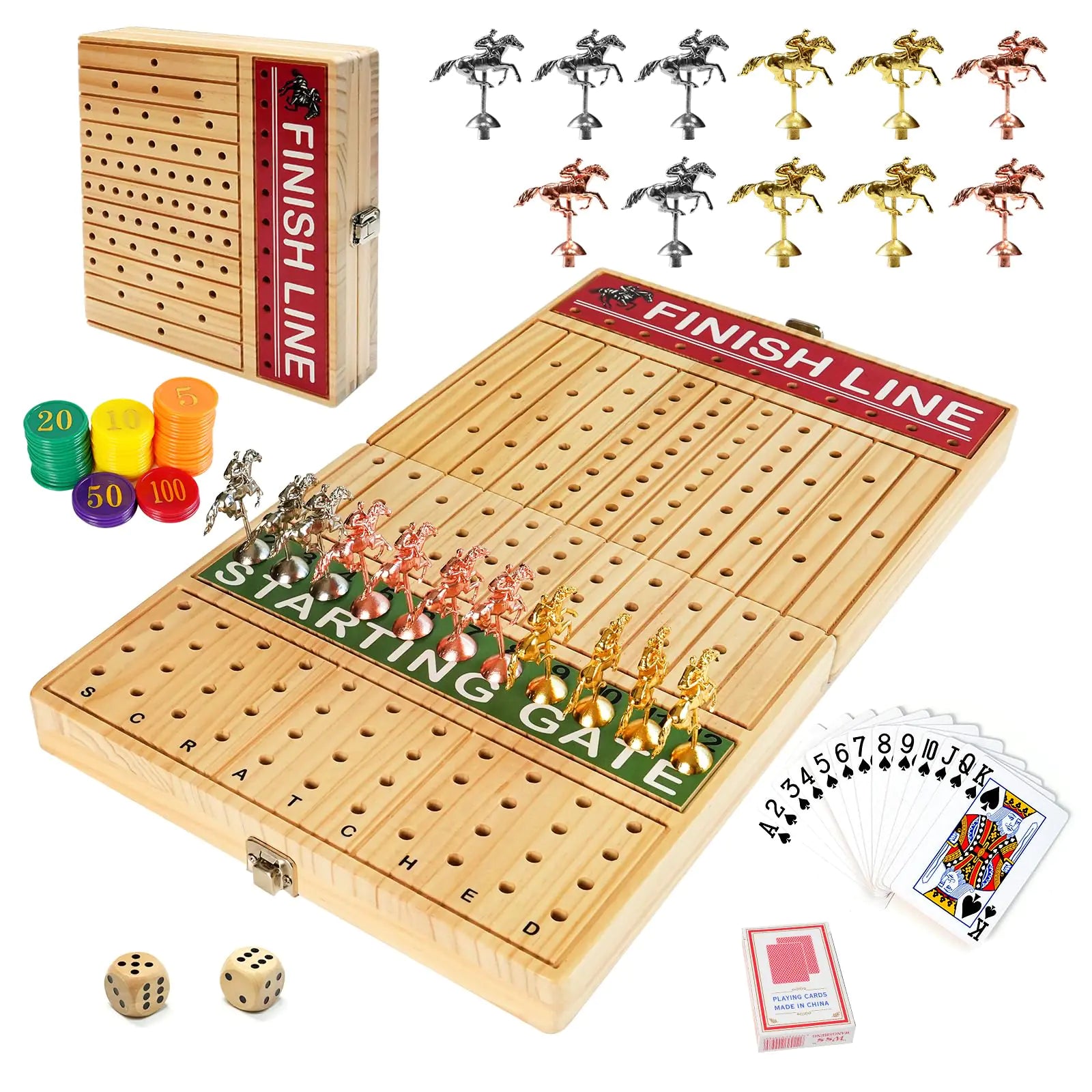 FUNNYB&G 21 inches Horse Race Board Game Foldable Large Horse Racing Game for Adults with 11 Metal Horses Solid Wood 60 Pcs Poker Chips 2 Dice 1 Pack of Cards for Family Tabletop Parties(Log)