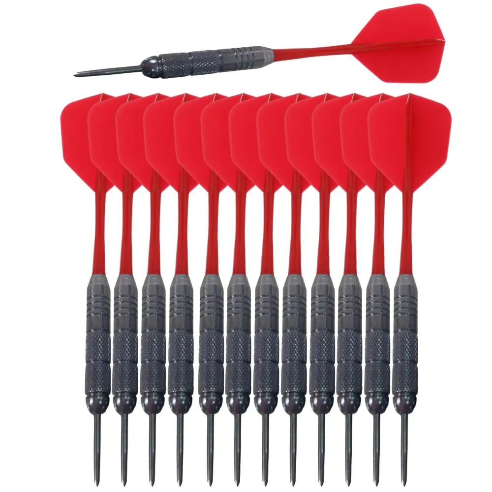 Steel Tip Darts Set |12 pc Bar Darts; 12 Red Soft Plastic Flights; Perfect Fun Darts for practice Throwing Metal Tip On Dartboard in Family Game Room Man Cave (20g Bar Style Fin-STC10448)