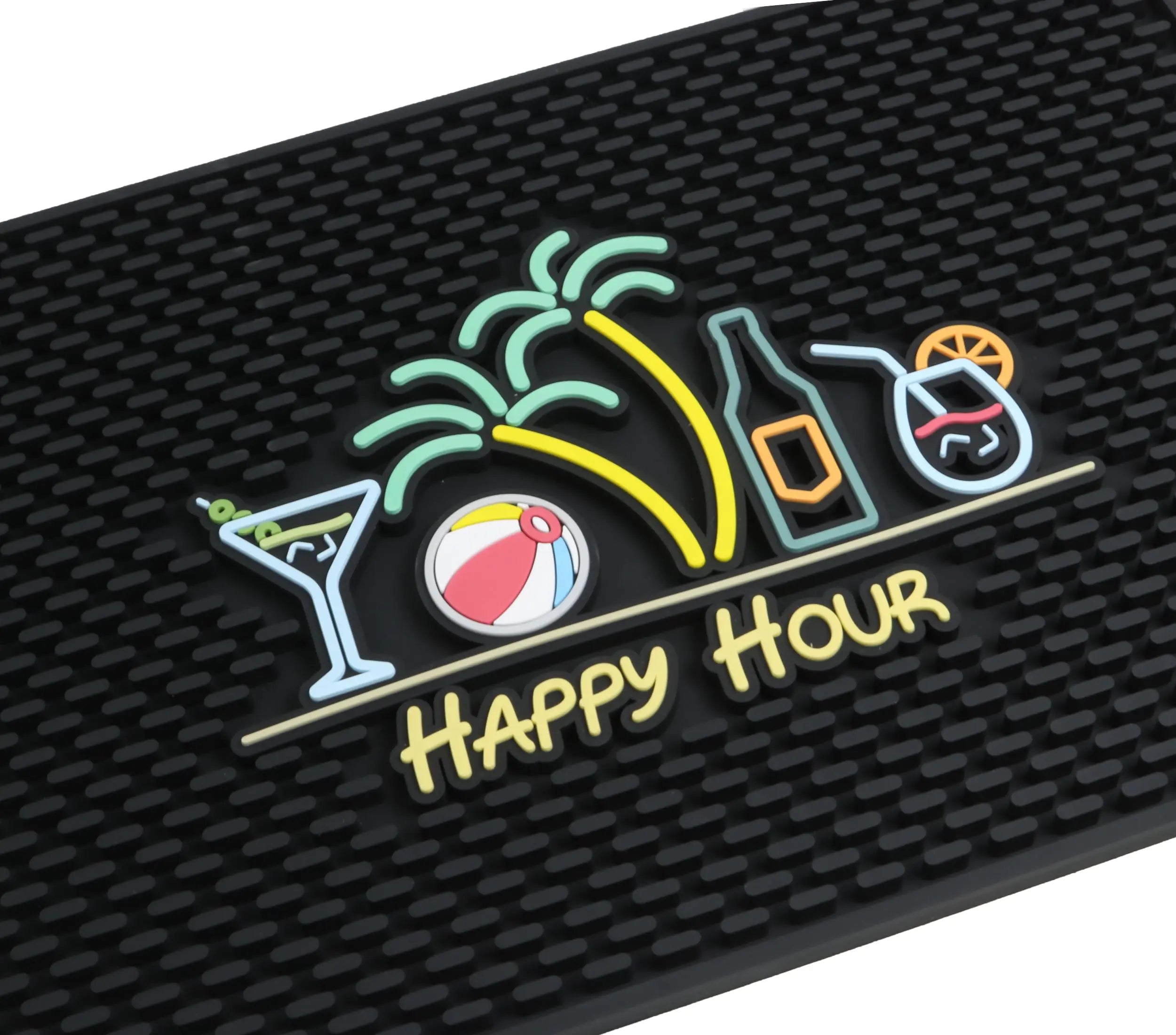 Tiki Bar Decor Happy Hour Mat 18x12 in Tiki Bar Mats for Countertop with Martini Beach Ball Palm Trees Beer Bottle and Cocktail Design - Outdoor Tiki Bar Mat Tiki Decor Bar Mats for Bartending