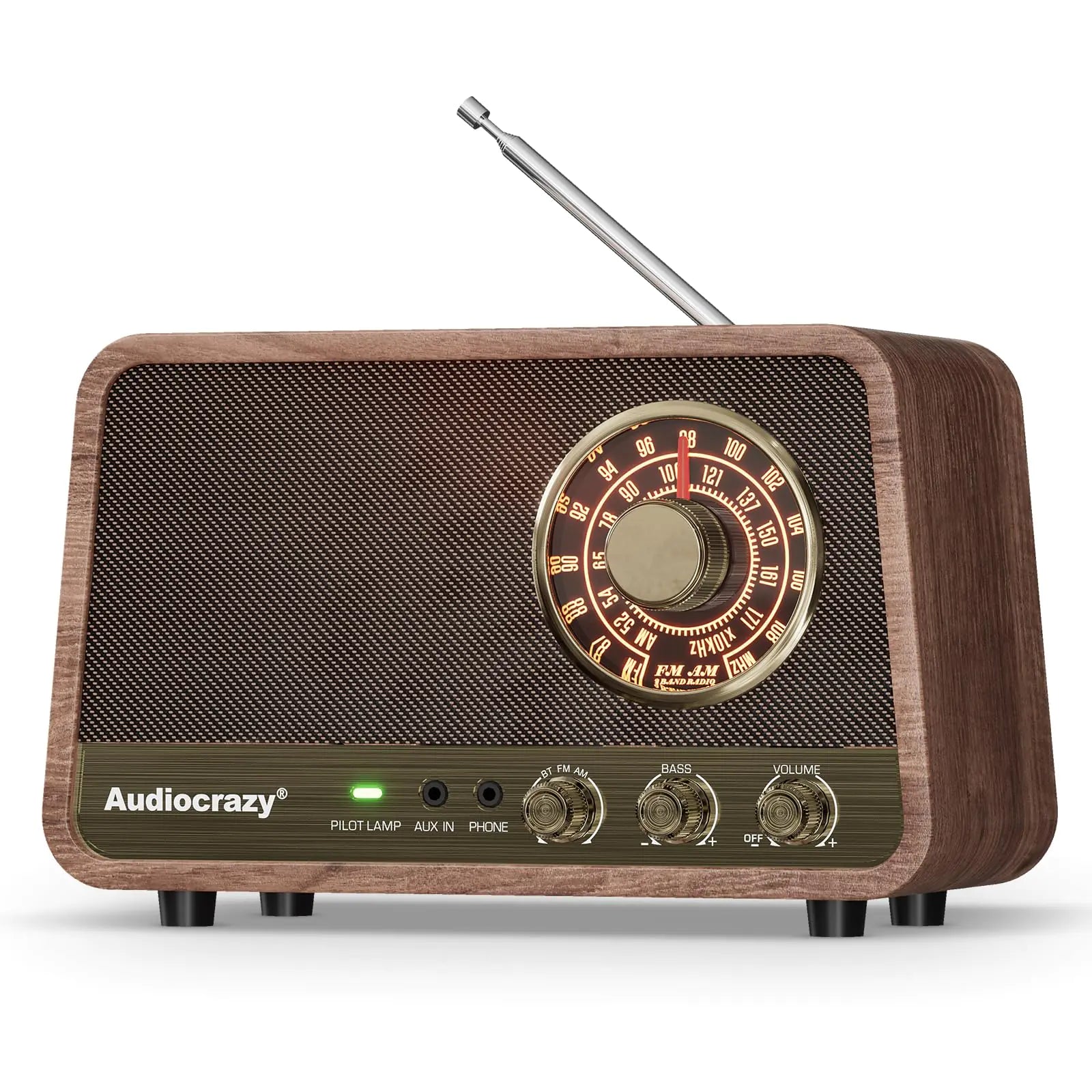 Audiocrazy AM FM Radio Retro Table Top Radio with Bluetooth SpeakerVintage Wooden Finish Radio Plug in Wall for Home OfficeAux in Headphone Jack Bass Control